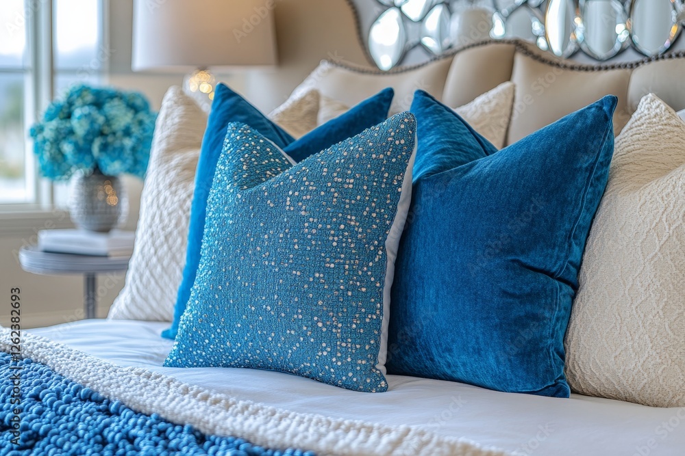 Poster decorative pillows and bedding create a cozy and inviting atmosphere in a stylish bedroom setting