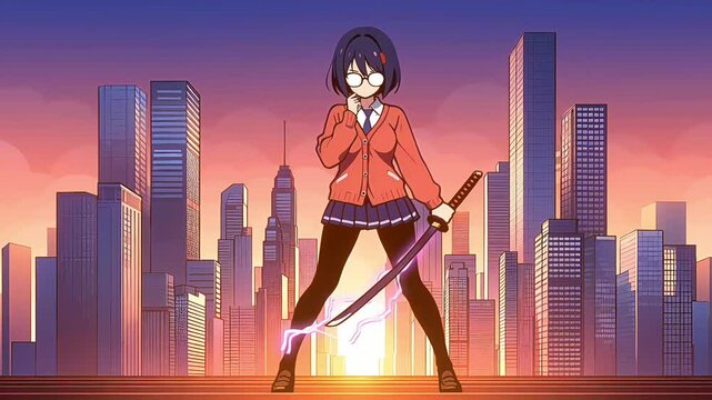 Anime girl with a katana in her hand against the backdrop of sunset in the city, anime wallpaper