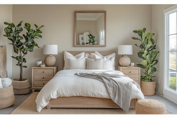 Spacious and serene bedroom with natural decor elements and soft lighting creating a calming atmosphere