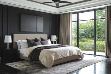 Modern bedroom with neutral tones and large windows overlooking a serene outdoor landscape