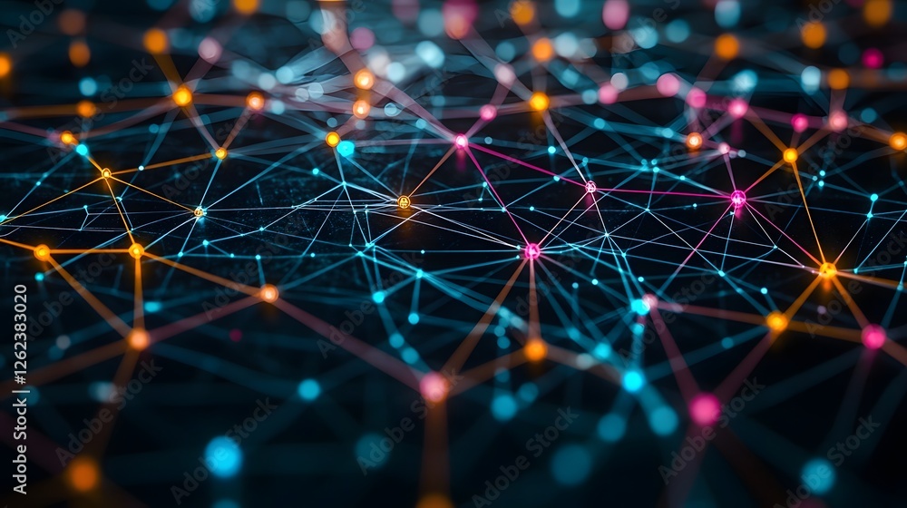 Poster striking aerial visualization of a decentralized and interconnected cryptocurrency network with vibr