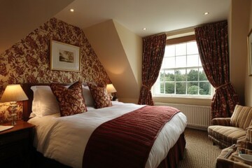 Fototapeta premium Cozy and elegant bedroom with warm decor and scenic view in a countryside setting