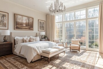Fototapeta premium Elegant and spacious bedroom with large windows overlooking a serene landscape on a sunny day