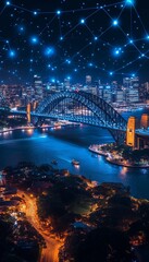 Obraz premium Sydney Harbour Bridge in Blue Dotted Outline, Digital Network Style, Night Cityscape, Australia