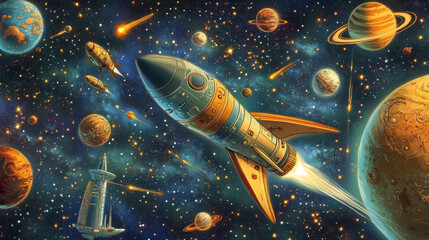 Galaxy space landing pages. Cartoon rocket, spaceship and starship, starry sky and space planets website backgrounds set. Vector templates of astronomy science and galaxy exploration landing page