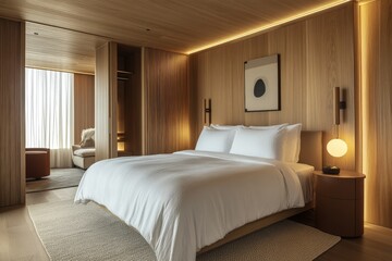 Elegant modern bedroom with natural wood accents and soft lighting in a contemporary interior design
