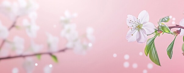 Cherry tree blossom. April floral nature and spring sakura blossom on soft pink background. Banner for 8 march, Happy Easter with place for text. Springtime concept. Top view. Flat lay