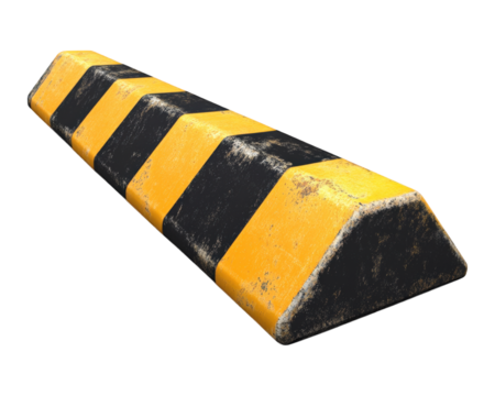 speed bump with yellow and black stripes, designed for traffic control and safety. This visible warning sign helps slow down vehicles in residential areas