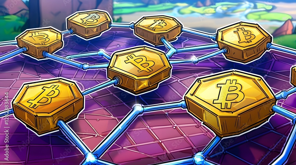 Poster cryptocurrency network mapped across a virtual grid showcasing the interconnected and futuristic nat