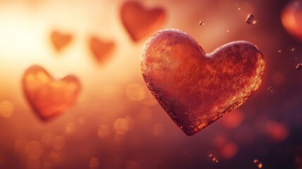 Fototapeta premium Glowing Amber Hearts Floating In Sunset Light
