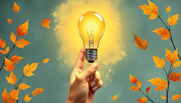 Composite photo collage of minded american hand light bulb power idea dry leaves autumn foliage isolated on painted background. with white shades