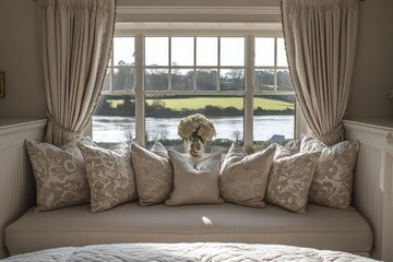 Cozy window seat with decorative pillows overlooking a serene landscape of water and greenery...