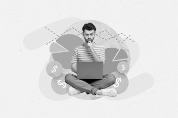 Photo of minded smart funny man use laptop touch chin minded analyzing market situation charts...