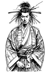 Samurai Warrior Line Art &ndash; Traditional Japanese Ronin Illustration