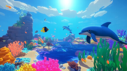 Cartoon underwater sea landscape. Game level vector background of sea, ocean and aquarium bottom scene. Undersea world of blue water waves with fish, corals and seaweeds, dolphins, sea turtles, crab