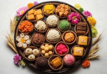 Colorful assortment of traditional sweets and desserts beautifully arranged on a wooden serving tray surrounded by flowers and wheat elements