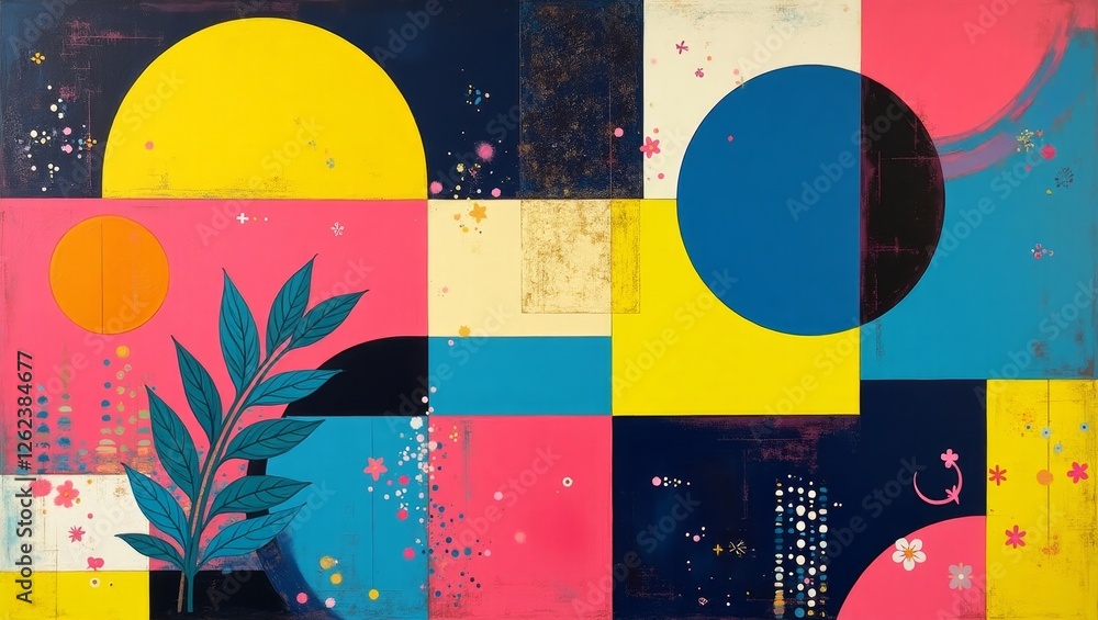 Aufkleber a dynamic abstract composition with bold, vibrant colors and geometric patterns, featuring large cir