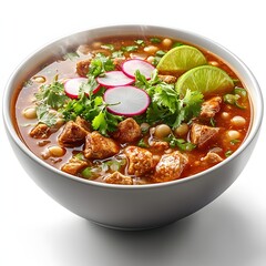 Hearty bowl of authentic posole, garnished with fresh radish and lime