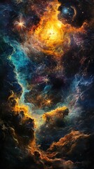 cosmic explorer gazing at vibrant interstellar formations, glowing and surreal nebulae, intricate and ethereal atmosphere, dynamic and highly detailed focus