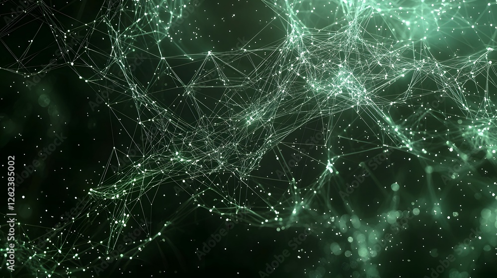 Poster overhead graphical representation of a complex digital network with interconnected assets displayed 
