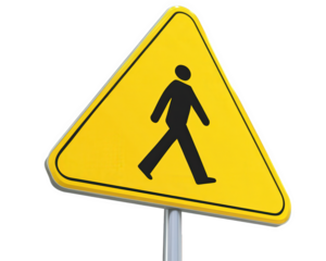 Caution pedestrian crossing sign with walking figure in yellow. This sign is essential for ensuring safety in areas with foot traffic