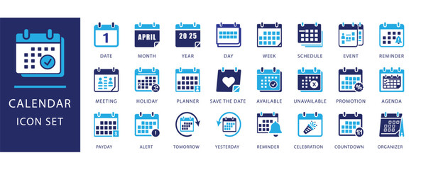 calendar icon set, modern icons in blue and dark tones. Includes date, month, year, schedule, meeting, planner, reminder, event, holiday, alert, payday, available, unavailable,marketplaces.