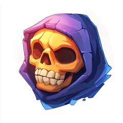 Colorful fantasy skull with glowing eyes wearing a purple hood, digital illustration in cartoon style, isolated on white background