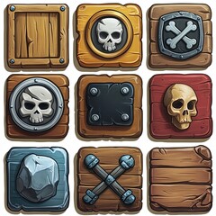 Set of wooden and metal pirate-themed icons with skulls, shields, and crossed bones in a cartoon style