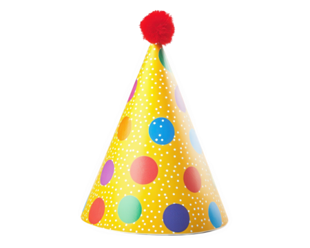 classic cone shaped party hat with colorful polka dots and red pom pom on top, perfect for celebrations and festive occasions