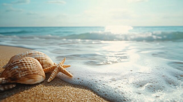 A serene tropical beach with a shell and starfish border, sea waves gently lapping at the shore, creating an ideal space for summer holiday text or messaging.