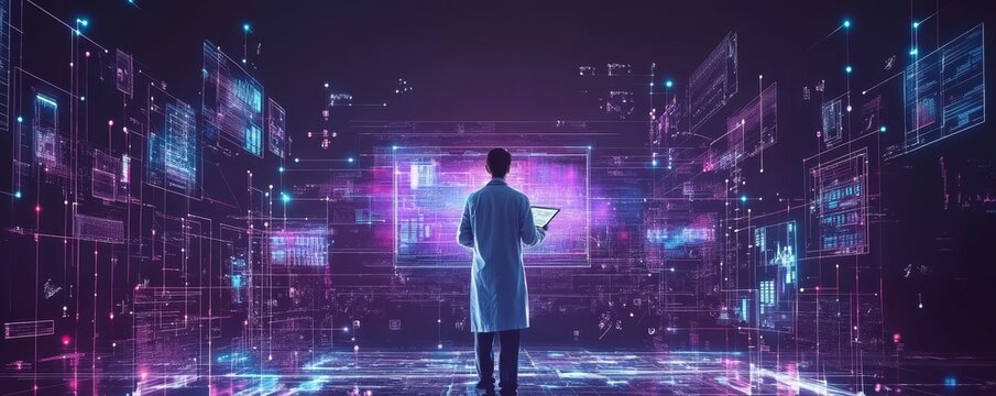 Healthcare Investment Analytics: Businessman Analyzing Medical Business Growth Data, Healthcare Report on Global Network, Financial Investment Trends, Generative AI