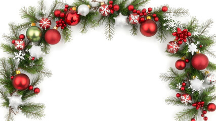 Christmas border of red green and white ornaments and branches isolated on a white background frame christmas isolated