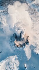 Geysir eruption, the powerful eruption surrounded by the pristine winter snow, capturing the natural energy of Iceland.