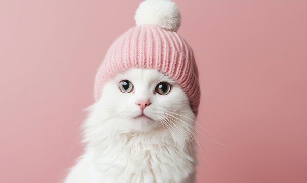Fluffy white cat wearing pink knitted hat with pom-pom against pink background