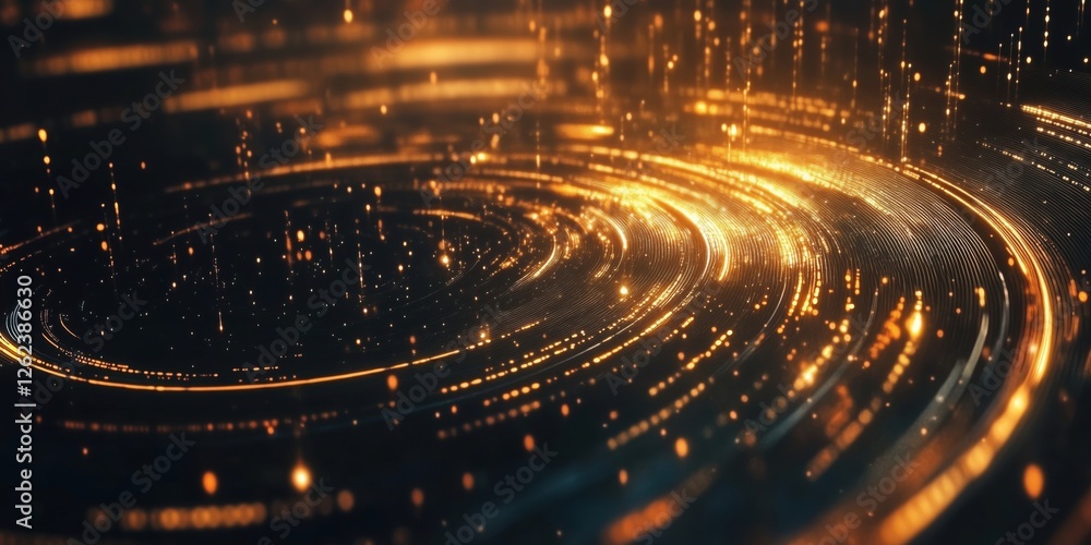 Poster Golden swirling light trails with sparkling particles creating dynamic abstract background