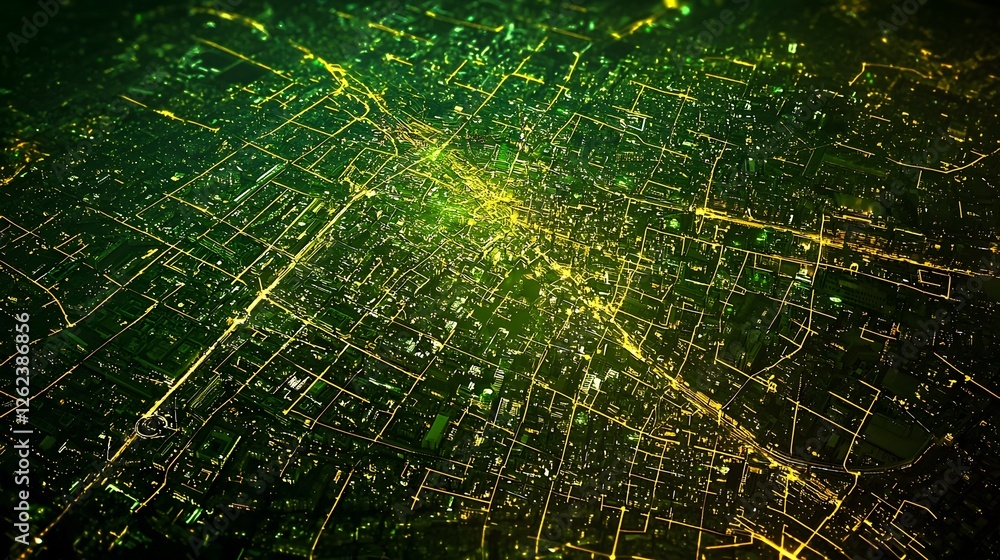 Poster futuristic aerial visualization of a decentralized finance system depicted as a complex digital city