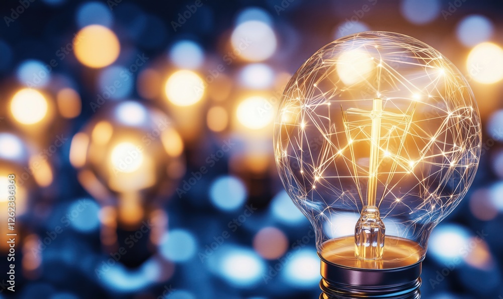 Poster illuminated light bulb with intricate filament design and glowing bokeh background
