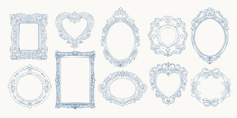 Decorative Victorian Frame Pack Line Art Style. vintage frames in an elegant, ornamental style. Perfect for invitations, greeting cards, photo overlays, scrapbooking, and decorative design projects. © NuriStudioo