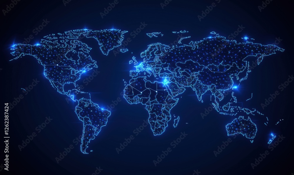 Aufkleber illuminated world map with digital network connections and geographical borders