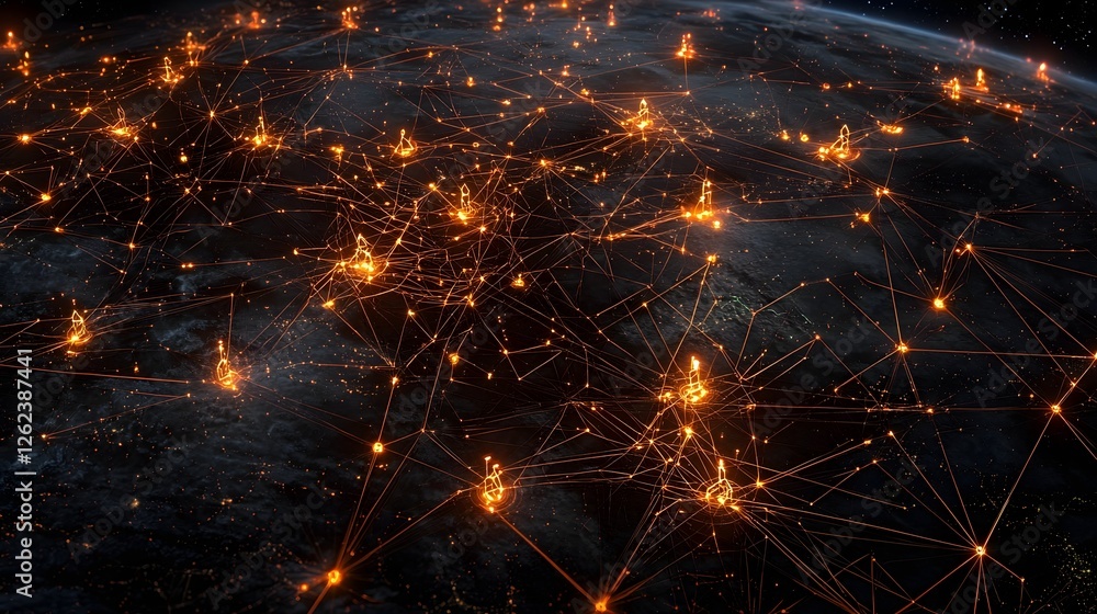 Aufkleber aerial view of a nighttime cityscape with illuminated cryptocurrency nodes forming an interconnected