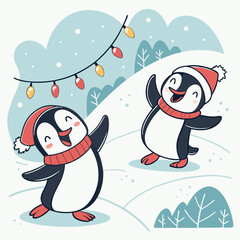 Cute holiday baby penguins vector illustration set. Happy penguins dancing in winter