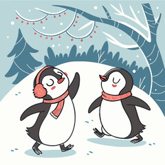 Cute holiday baby penguins vector illustration set. Happy penguins dancing in winter