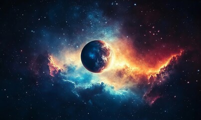 Obraz premium Dramatic Space Scene with Glowing Planet and Distant Moon Amidst Colorful Nebula, Nighttime Earth Captured from Space, Generative AI