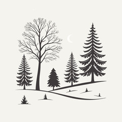 Set of eight black and white Christmas tree silhouettes for festive design.