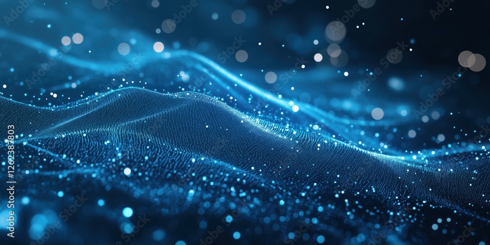Poster abstract blue wave patterns with glowing particles and bokeh effects