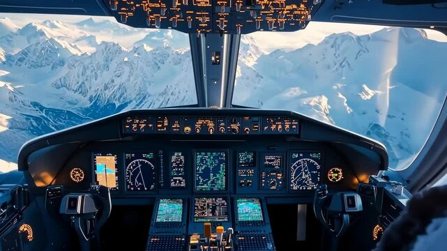 The cockpit of a plane is filled with buttons and gauges, and the pilot is looking out the window at the mountains below