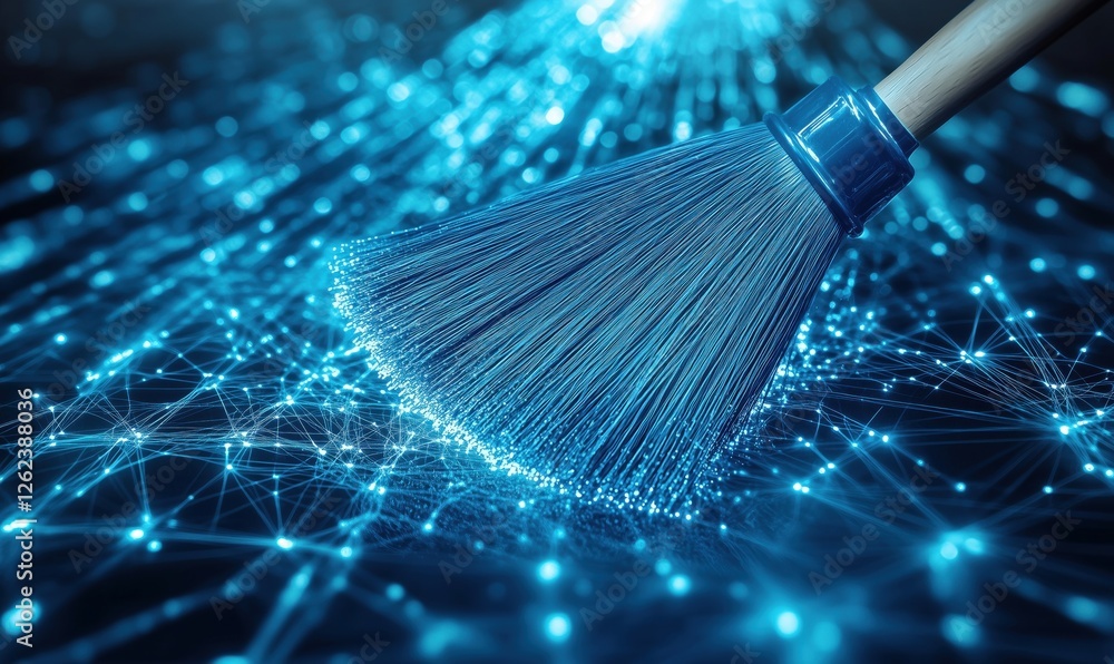 Poster digital broom sweeping away data connections, creating a clean network space