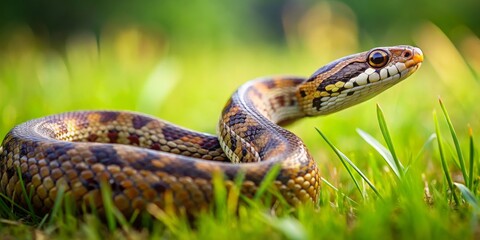 Fototapeta premium Colorful Snake Coiled in Lush Green Grass Under Natural Light