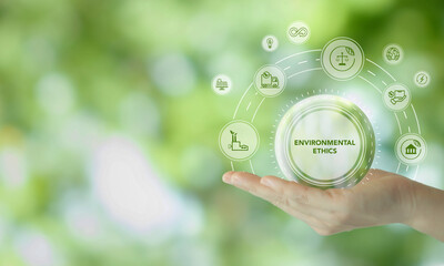 Business and environmental ethics concept. Green nature background with eco-friendly icons in...