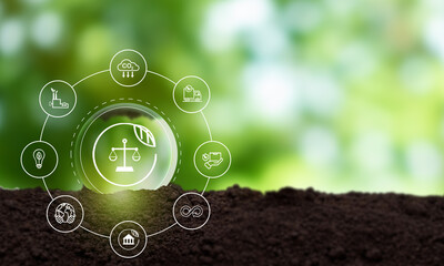 Business and environmental ethics concept. Green nature background with eco-friendly icons in...